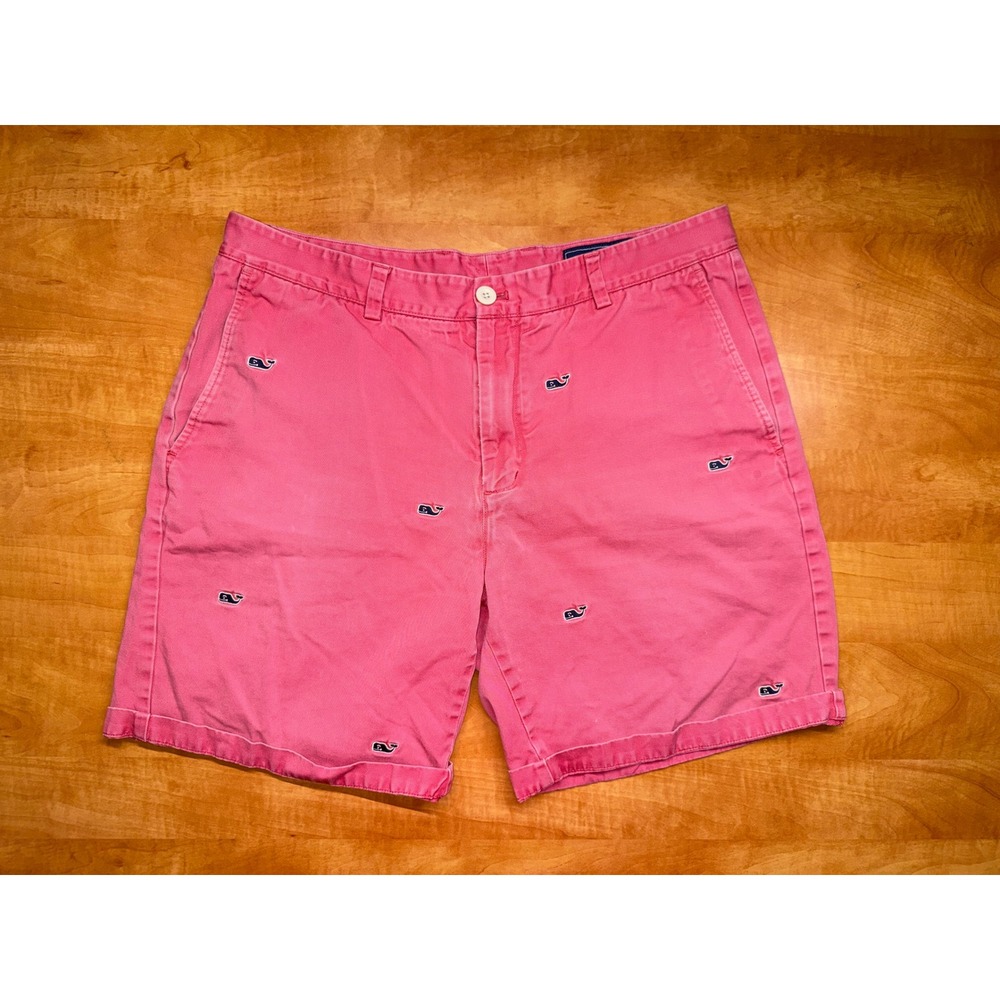 Vineyard Vines Mens 36 Pink Whale Embroidered Cotton Twill Shorts 9 Inseam